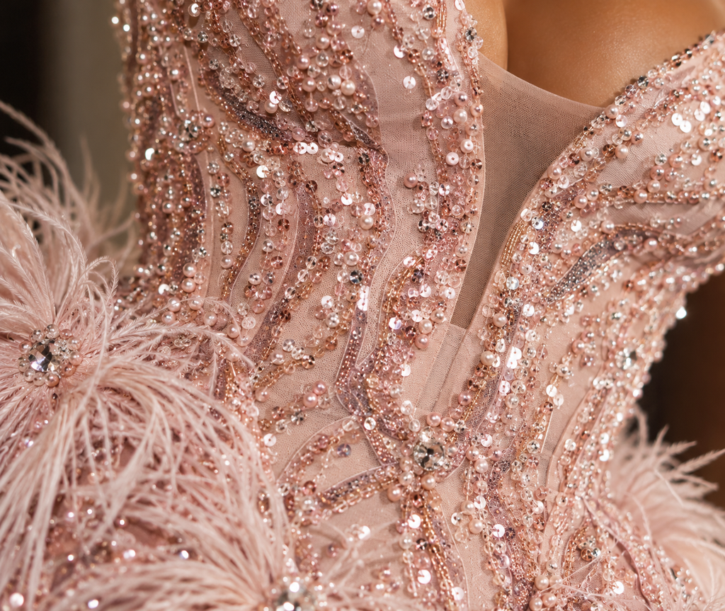 LA MARQUISE blush pink mini dress, crystal and feather bodice detail