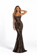SINNER LACE strapless lace corset maxi dress in Black, front view