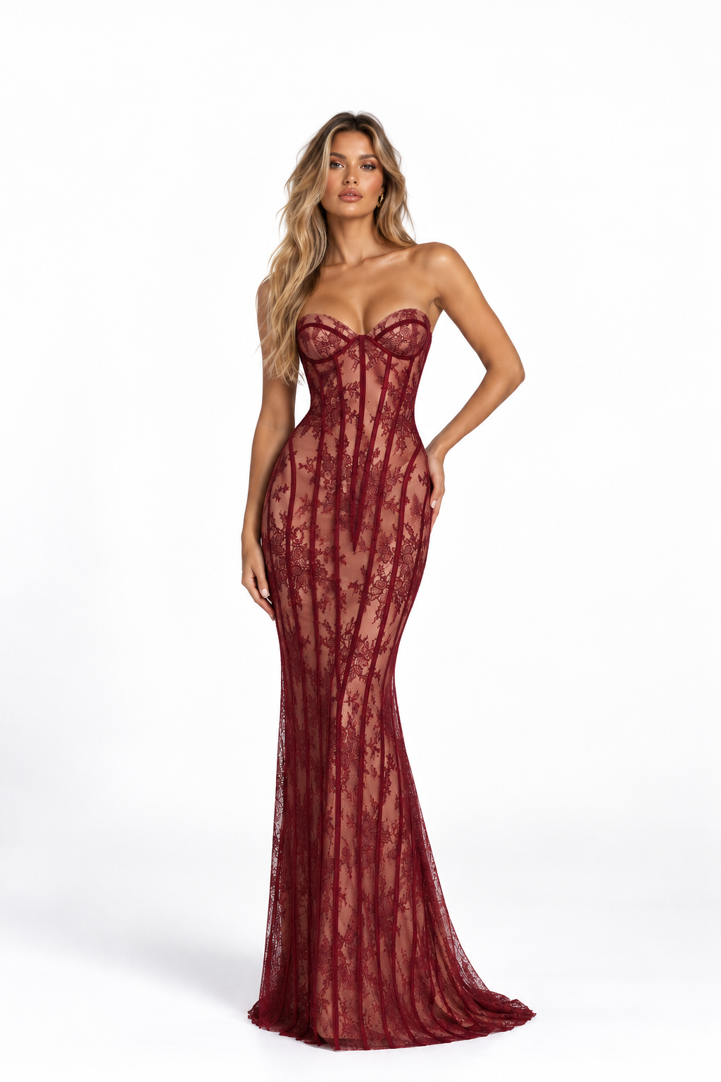 SINNER LACE strapless lace corset maxi dress in Burgundy, front view